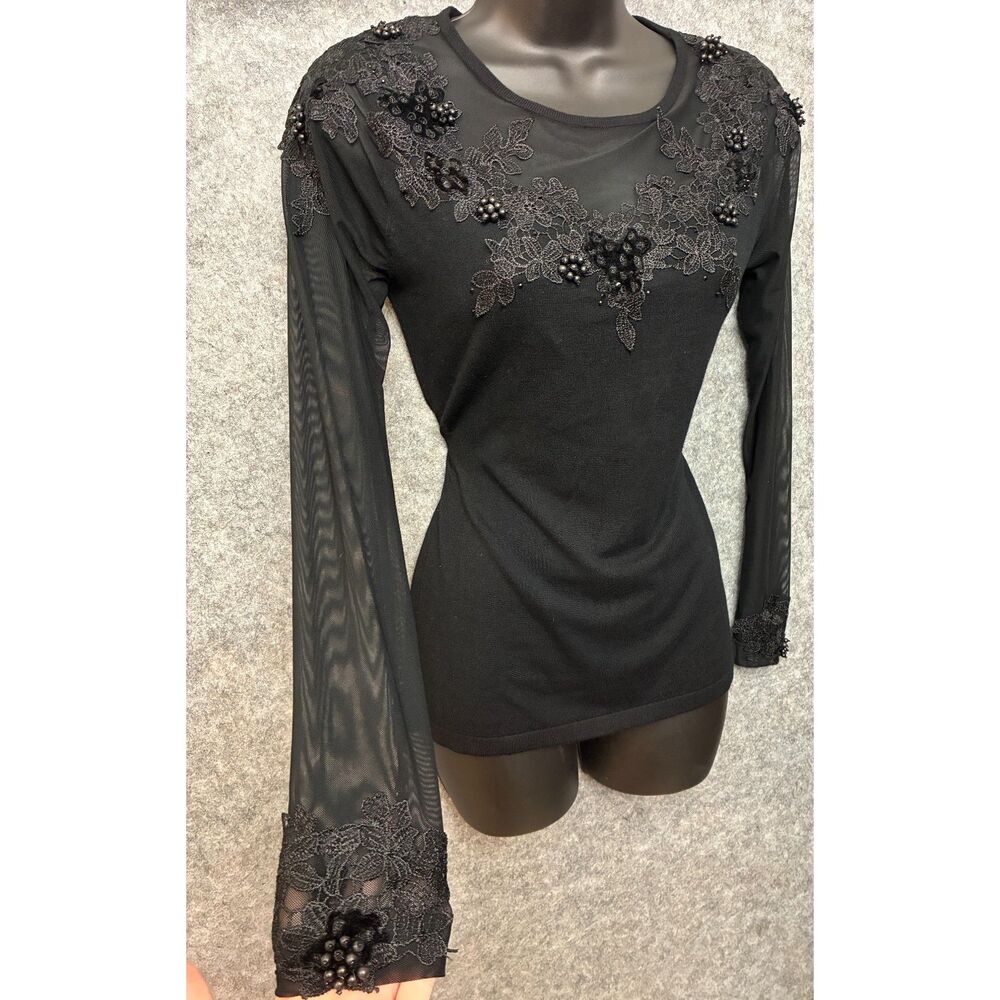 Gothic Romantic Black Lace Beaded Mesh Sheer Long Sleeves Top XS Elegant Vampire